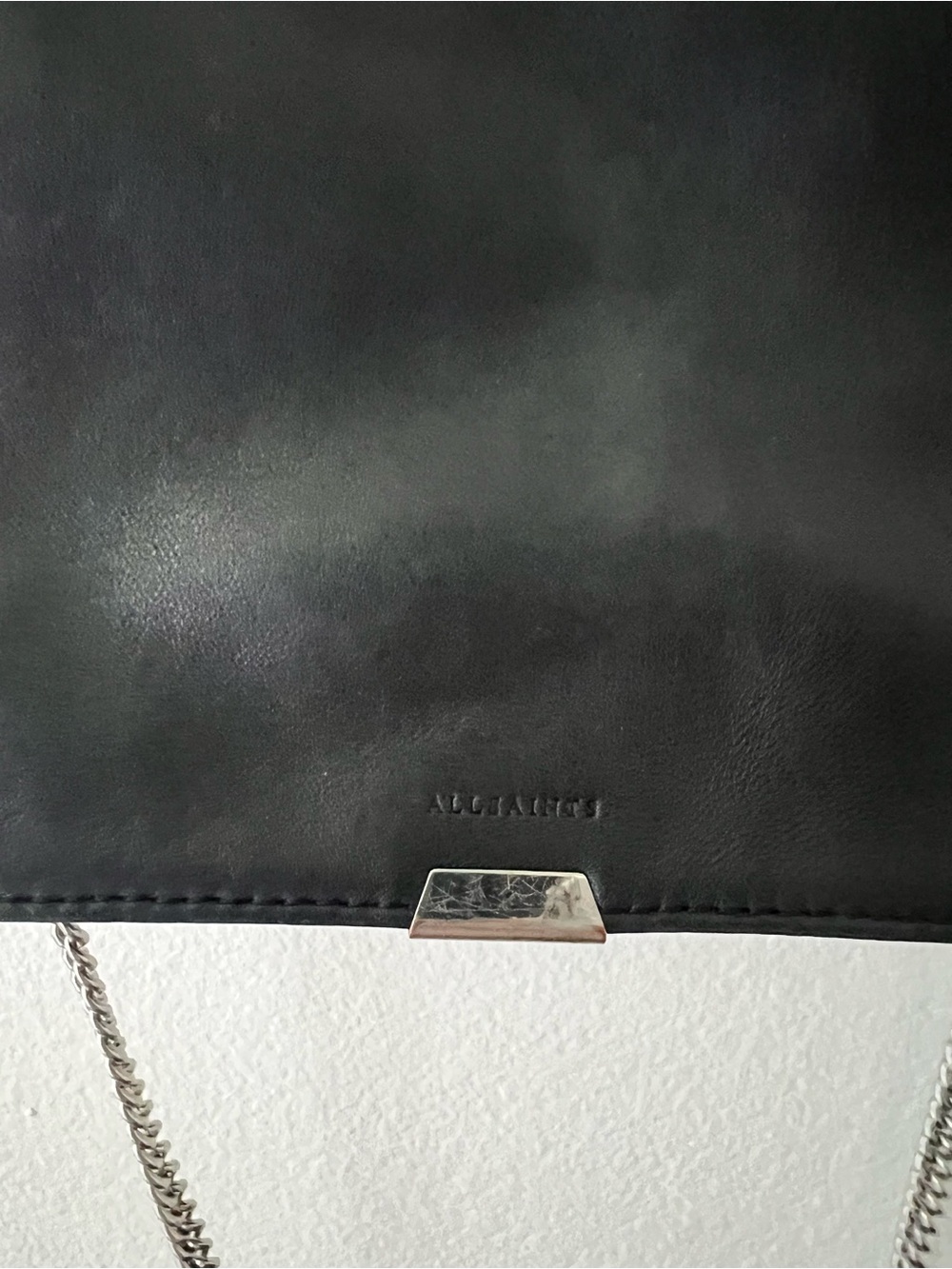 All Saints Black Leather Crossbody Clutch with Chain & Wide Strap - Picture 7 of 16